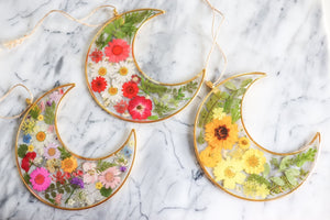Vibrant Gardens - Resin, Crystal and Flower Crescent Moon Wall Hanging