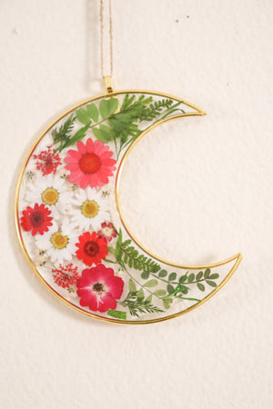 Red Moon - Resin and Flower Crescent Moon Wall Hanging