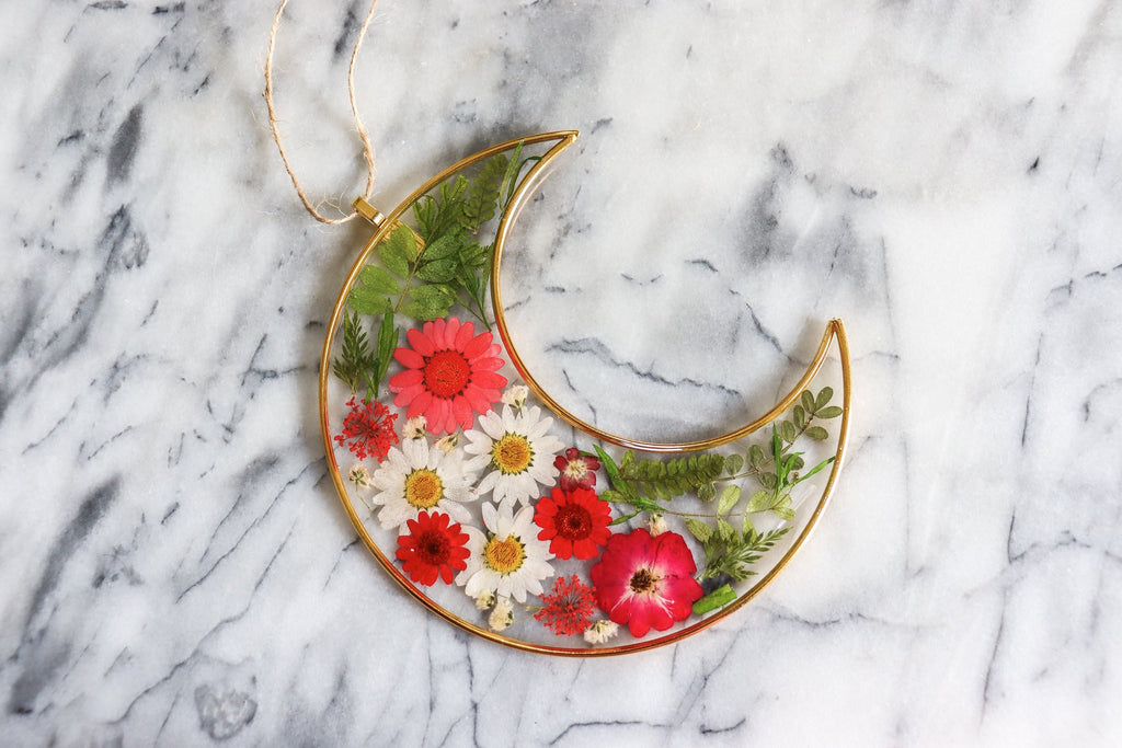 Red Moon - Resin and Flower Crescent Moon Wall Hanging