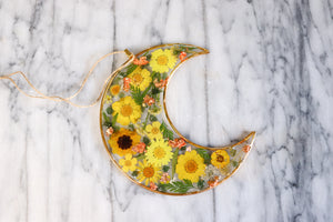Yellow Fields Moon - Crystal, Resin and Flower Crescent Moon Wall Hanging