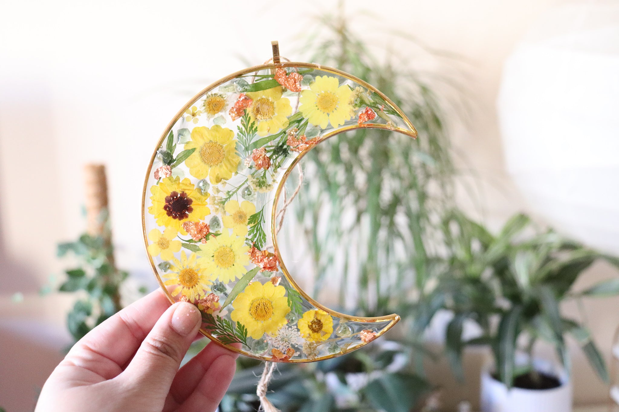 Yellow Fields Moon - Crystal, Resin and Flower Crescent Moon Wall Hanging
