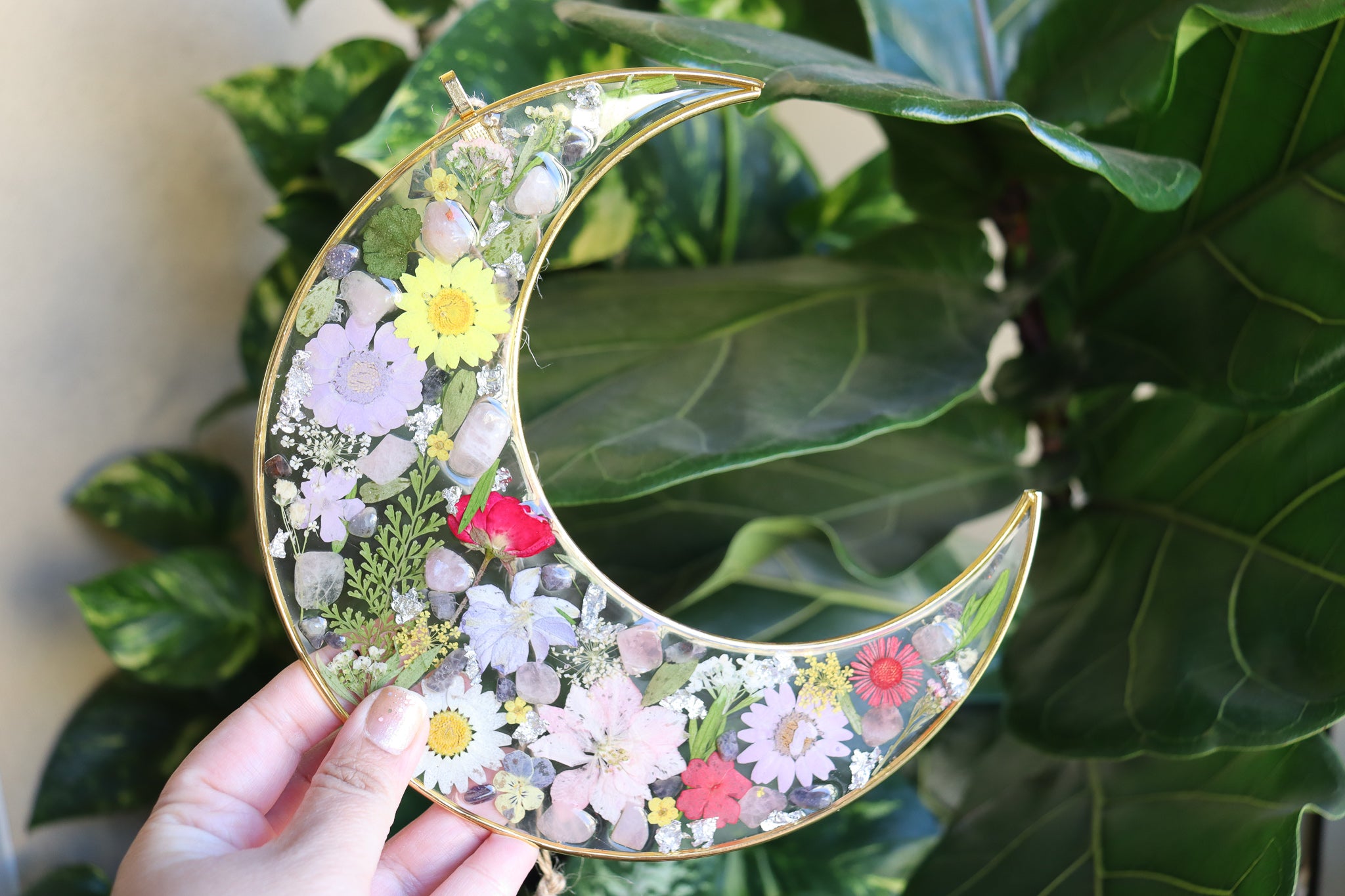 Blushing Moon - Resin, Crystal and Flower Crescent Moon Wall Hanging