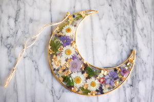 Purple Blooms - Resin, Crystal and Flower Crescent Moon Wall Hanging