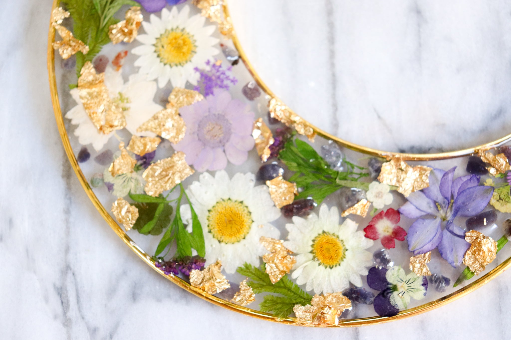 Purple Blooms - Resin, Crystal and Flower Crescent Moon Wall Hanging