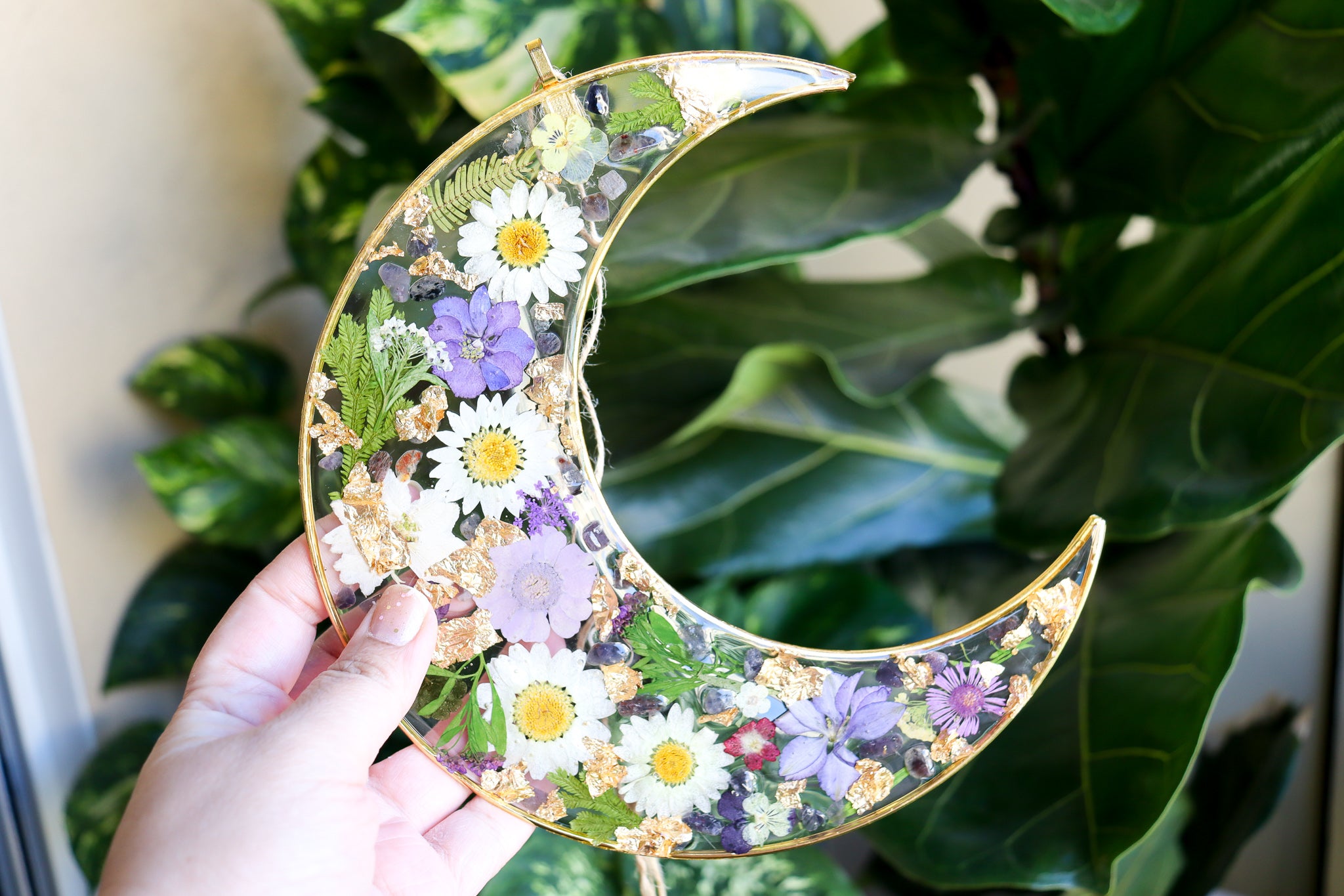 Purple Blooms - Resin, Crystal and Flower Crescent Moon Wall Hanging