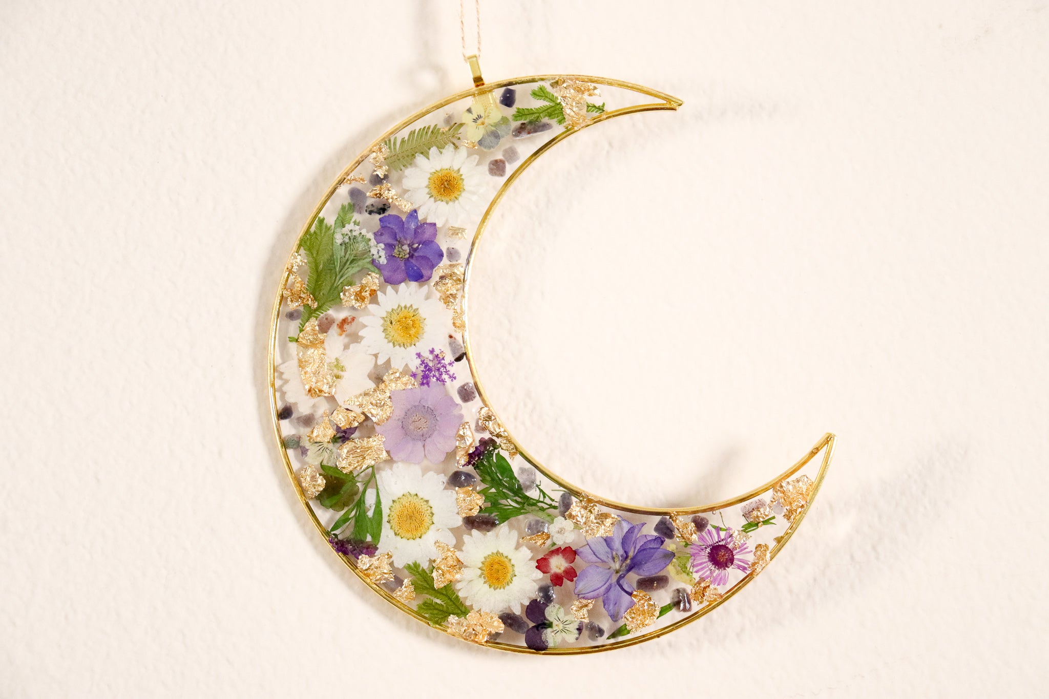 Purple Blooms - Resin, Crystal and Flower Crescent Moon Wall Hanging